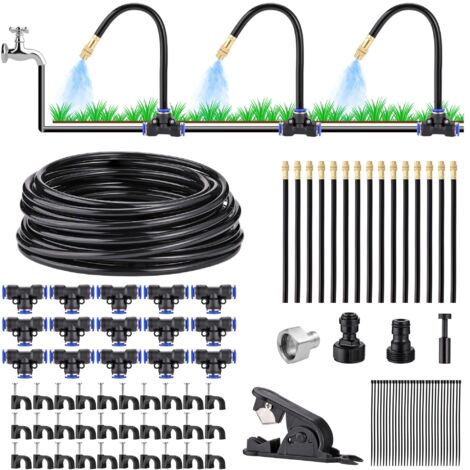 Kit de riego por goteo automático de 18 metros (60 pies): sistema de riego de jardín para armar usted mismo con 15 boquillas de niebla plegables de latón ajustables de 360°, adaptador para grifo y man
