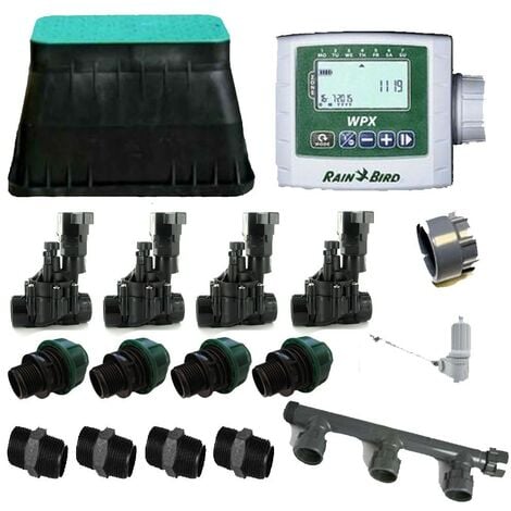 Kit de riego Rain Bird de 4 Zonas  El kit contiene todo lo que necesita para la instalación de un sistema de riego automático, partiendo de un programador y una arqueta. Es imprescindible reunir los