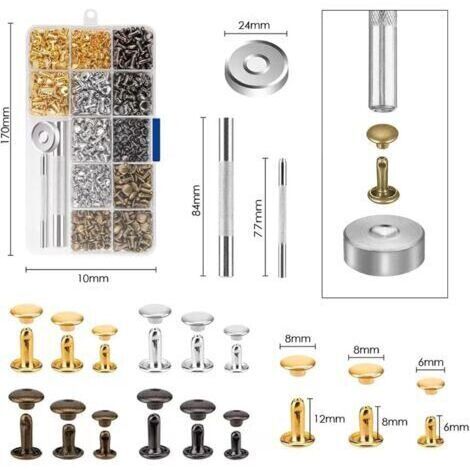 Kit de rivets pour cuir 360°, 3 tailles, rivets doubles pour cuir, rivets tubulaires en métal (3 pièces), outil de fixation pour le travail du cuir, rivets de rechange, 4 couleurs