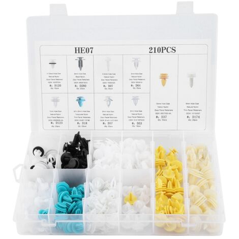 Kit de rivets push universel 210Pcs - Plastique haute qualité - Types assortis (D120/D280/D123/D18/D57/D53/D64/B07/D37/D174) - Pour panneaux porte, pare-chocs, garnitures