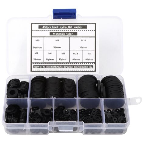 Kit de rondelles nylon noir 480 pièces assortiment plat M2-M10 pour fournitures hardware