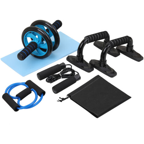 Kit de rouleaux de roue AB 5 en 1, appareil d'exercice à ressort, roue de presse abdominale Pro avec barre de poussée, corde à sauter et genouillère, équipement portable