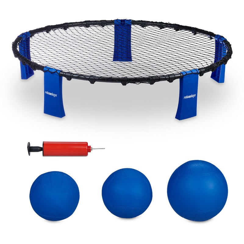 Kit de roundnet complet, avec 3 balles, pompe, filet & sac de rangement, jeu d'extérieur, noir/bleu - Relaxdays