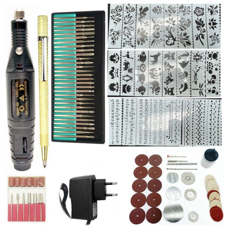 Jusch - Kit de routeur, 12 v, 10 w, diy, 82 accessoires et 24 modèles, 108 pièces, noir