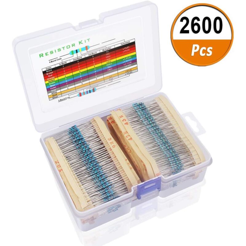 Kit de résistance 2600 pièces 130 valeurs, 1% de résistances variées Assortiment de résistances à Film métallique avec 1 Ohm-3M Ohm 1 / 4W avec boîte