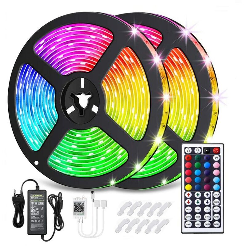 Jusch - Kit de rvb led Band, 10m, Bluetooth App Control, 16 millions de couleurs, 44 touches, IP65, smd 5050.12V, Multicolored