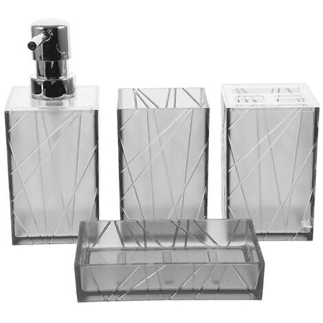 kit de salle de bain comprenant un distributeur de shampoing et de savon liquide pour les mains, un gobelet pour brosse à dents, des accessoires pour distributeur de douche et une brosse à dents.