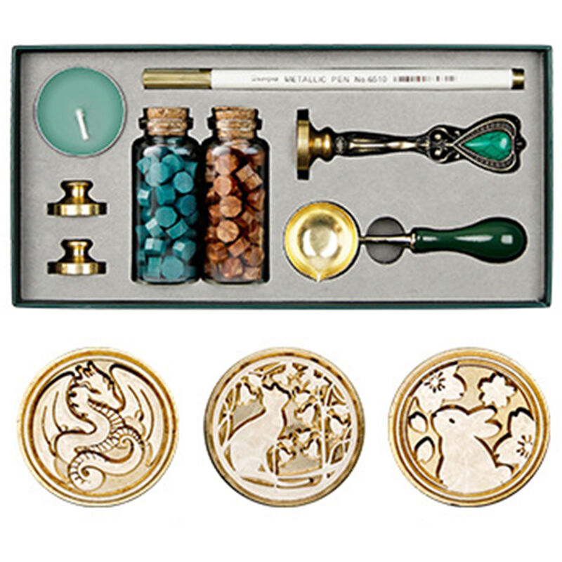 

Kit de sello de cera retro Perlas de cera de sellado Cuchara de fusion de cera Sello de cera Vela Cabeza de cobre reemplazable Boligrafo metalico