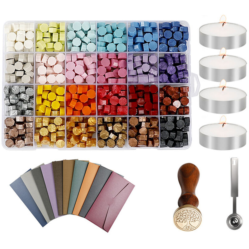 

Kit de sellos de cera, 600 perlas de cera para sellar con 1 cuchara de cera para derretir, 4 velas para sobres, cartas, tarjetas, invitaciones de