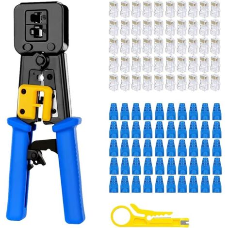 kit de sertissage ethernet rj45, kit de sertissage cat5 cat5e cat6 avec 50 connecteurs cat6, 50 couvercles, dénudeur
