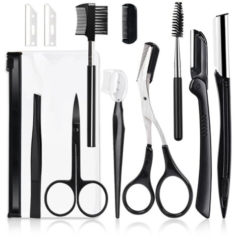 Kit de soin des sourcils 11 pièces, ensemble rasoir à sourcils pour femmes/hommes, kit sourcils débutant avec brosse à sourcils (noir)