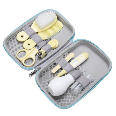 Kit de soin pour bébé 8 pièces : coupe-ongles, ciseaux, brosse à cheveux et peigne en jaune
