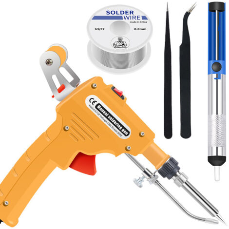 Kit de soldador electrónico de 60 W, bomba desoldadora, cables de soldadura, soporte y destornillador Phillips para reparación de automóviles (Amarillo)