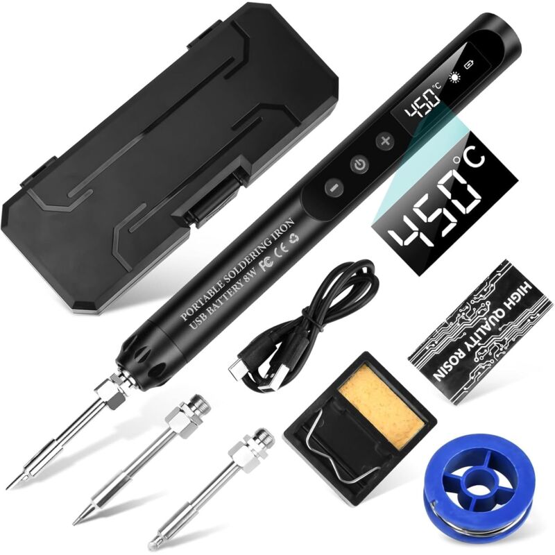 Kit de soldador USB-C, soldador portátil inalámbrico con pantalla LCD, temperatura ajustable (200 °C - 450 °C), incluye 3 puntas de soldadura, ideal