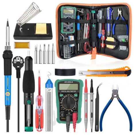 Kit de soldadura, soldador de 60 W, temperatura ajustable de 200 a 450 °C, multímetro, 5 puntas de soldadura, bomba de desoldar, estación de soldadura – RWBricolage ›Herramientas manuales y eléctricas