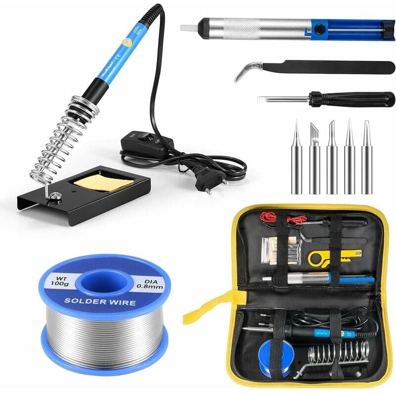 DPZO Kit de soudure pour fer à souder 60 W 220 V, pompe à dessouder à température réglable, support de fil avec 5 têtes de soudure, pince à épiler,