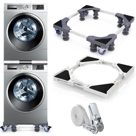 Kit de Superposition Universel Lave-Linge Sèche-Linge avec Socle Mobile, Cadre 46–72 cm, Socle 43–60 cm, 4 roulettes Freinées, 8 Pieds Anti-Vibration, Sangle à Cliquet