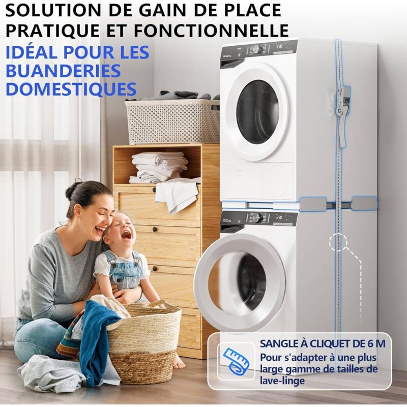 Kit de superposition universel pour lave-linge et sèche-linge - Cadre réglable 45 à 68 cm - Idéal pour connexion de machine à laver et sèche-linge