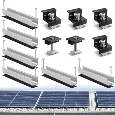 Kit Montage Panneau Solaire 6 Pièces – Rails Courts 12 Cm Aluminium Réglables – Fixation Toit Plat 30-35 Mm – Supports PV Robustes