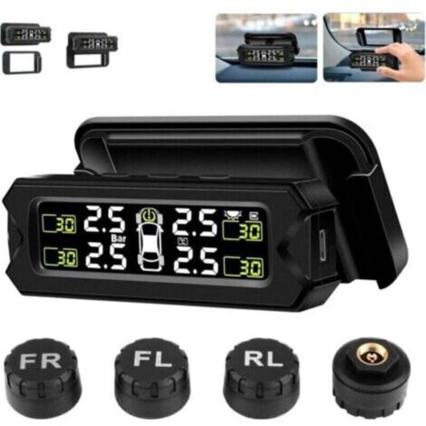 Kit de Surveillance Sans Fil de la Pression des Pneus – 4 Capteurs, Charge Solaire/USB, Angle Réglable, Plage 14-87 PSI