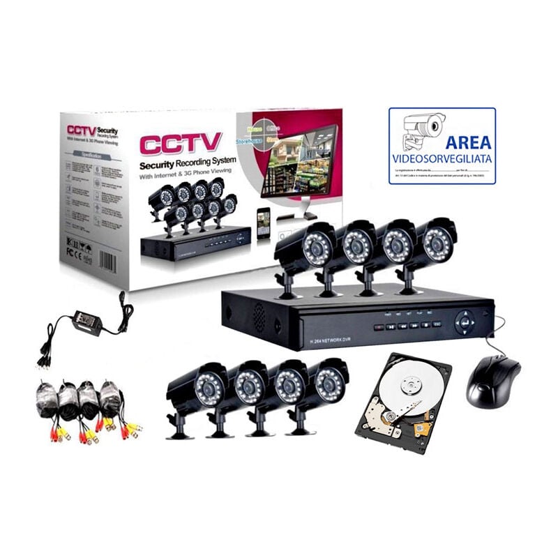 Kit de surveillance video 8 camera infrarouge + dvr + alimentation + cables + disque dur 2TB