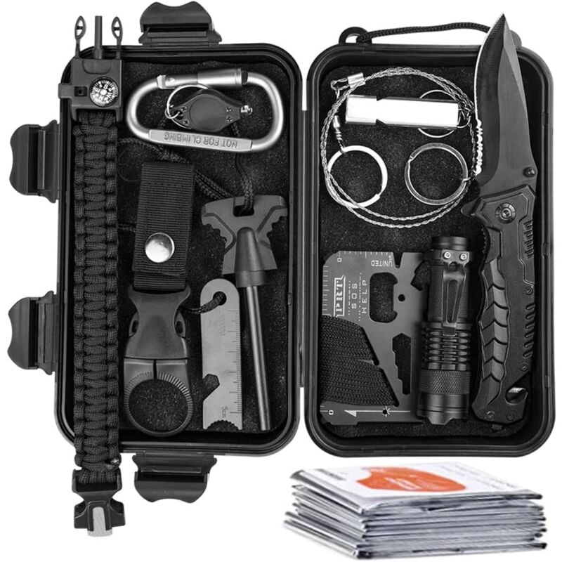 KZQ - Kit de survie 12 en 1 camping en plein air randonnée d'urgence, lampe de poche boussole bracelet de survie et autres outils d'auto-assistance.