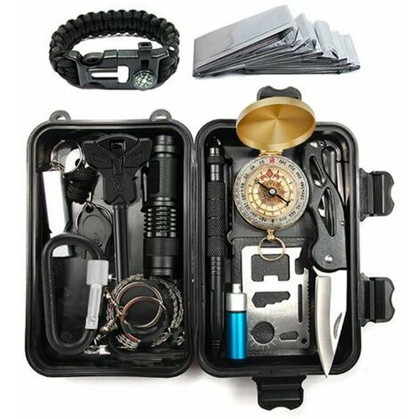 Kit de Survie Complet + Trousse de Secours + Paille Filtrante + Sac + Pierre Allume Feu Couverture Pince Multifonction Outils Accessoire Militaire Boite Complète Gadget Premiers Soins Pêche Cisea zhuo