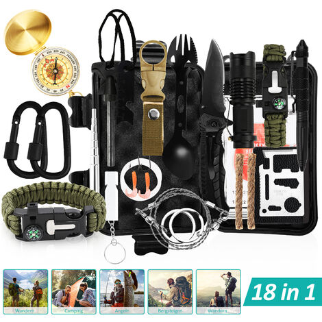 Kit de survie extérieur Kits de survie d'urgence 18 en 1 Kit de survie d'urgence extérieur - Noir