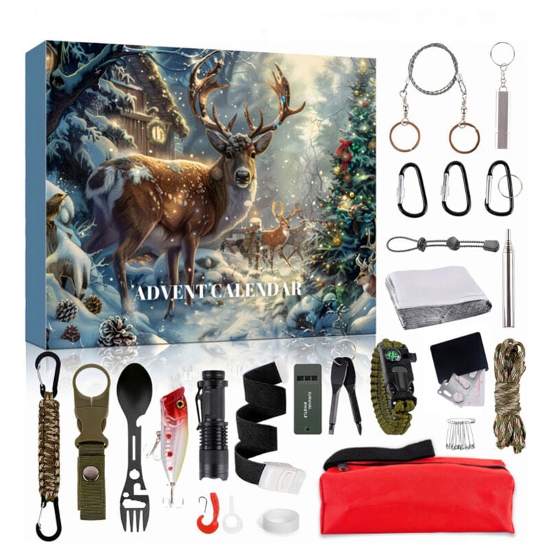 SNQ - Kit de survie pour calendrier de l'Avent pour hommes, kit de survie avec cordon de parachute, lampe de poche, calendrier de compte à rebours