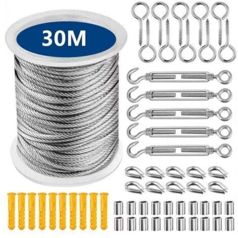 Kit de suspension de corde en acier inoxydable 304, corde en acier inoxydable enduite de nylon, tendeur de corde en acier PVC pour corde de tente, corde à linge, lustre extérieur, jardin - 30 m
