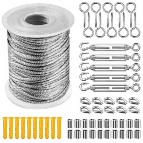 Kit de suspension de corde en acier inoxydable, corde en acier inoxydable enduite de nylon, tendeur de corde en acier PVC pour corde de tente, corde à linge, lustre extérieur, jardin (30 m)