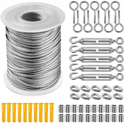 Kit de Suspension de Corde en Acier Inoxydable Corde en Acier Inoxydable Revêtue de Nylon Tendeur de Corde en Acier PVC pour Tente Corde à Linge Lustre Extérieur Jardin(30m)
