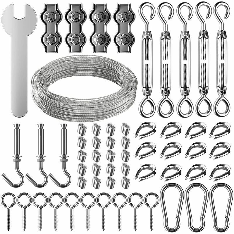 Kit de suspension en fil d'acier inoxydable de 30 m Fil en acier inoxydable revêtu de 2 mm avec tendeur et crochet pour suspendre des lumières, des