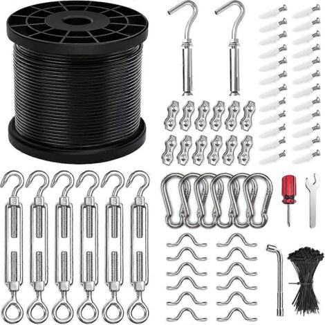Kit de suspension pour guirlande lumineuse avec 91 mètres de câble en acier inoxydable recouvert de vinyle --