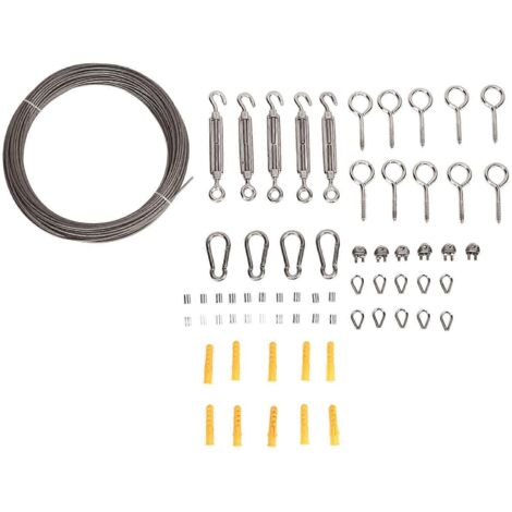 Kit de suspension pour guirlande lumineuse d'extérieur 2024 avec câble en acier inoxydable, mousqueton, tendeur, crochets à œillet et cosse à câble.