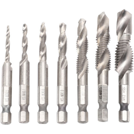 Kit de taraudage intégré 7 pièces avec embout hexagonal 1/4, filetage métrique et rainure spirale pour perçage et taraudage combinés.