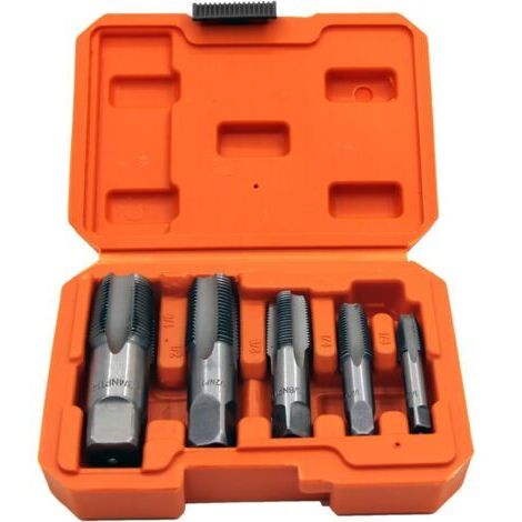 Kit de taraudage NPT (5 pièces) : tarauds de 1/8", 1/4", 3/8", 1/2" et 3/4", pour le nettoyage ou la coupe de filetages de tuyaux endommagés ou bloqués.