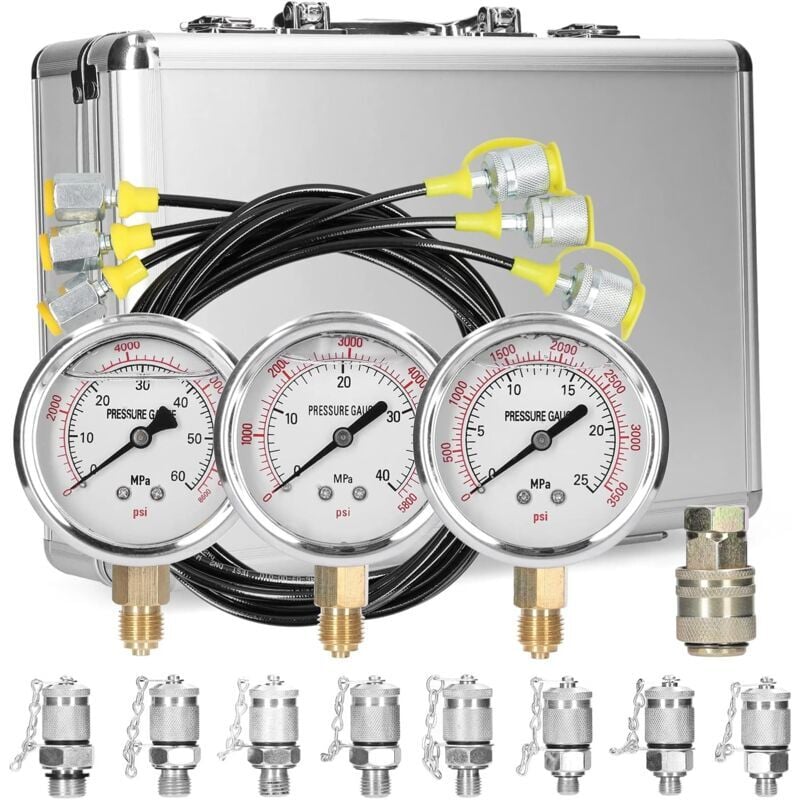 SNQ - Kit de test de pression hydraulique pour excavatrice, comprend 9 raccords, 3 tuyaux de test, 3 manomètres (3600 psi, 5800 psi, 8700 psi)