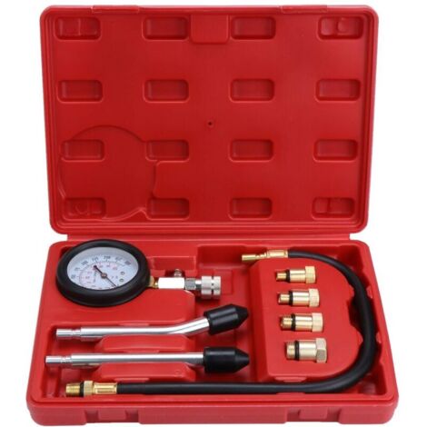 Kit de testeur de compression moteur à essence 9 pcs – Plage de mesure 0-20 bars – Manomètre 75 mm – 4 adaptateurs en laiton