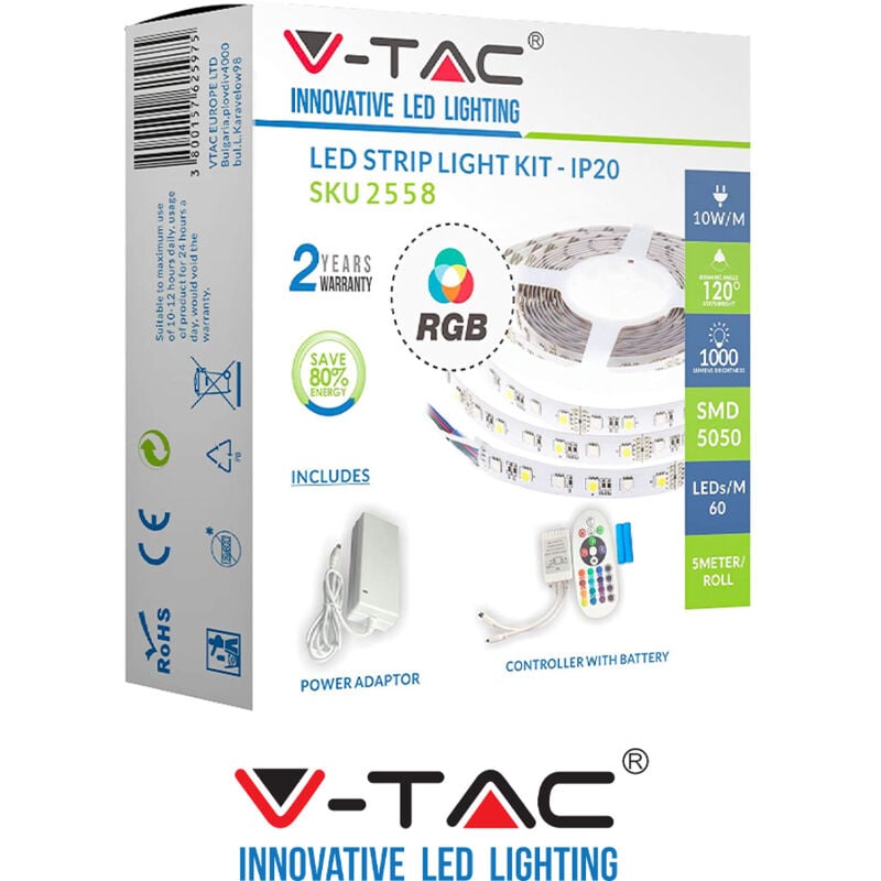 

V-tac - Kit de Tira LED SMD5050 RGB 10W/m 60 Leds/m 12V IP20 5 metros