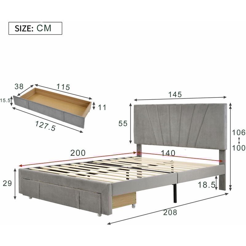 L&h-cfcahl - Lit rembourré 140 x 200 cm, lit double avec sommier à lattes, dossier et grand tiroir, lit double en velours doux pour la peau pour