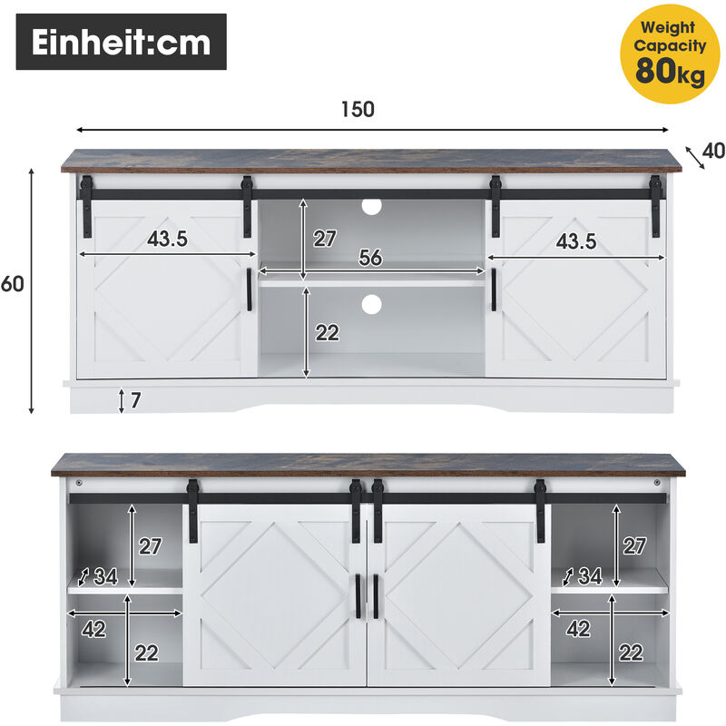 L&h-cfcahl - 150x40x60cm Grand meuble tv Sideboard Entertainment Center avec 2 portes coulissantes classiques Étagères réglables pour le salon Salle