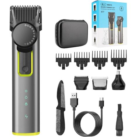Kit de tondeuse à barbe pour homme, kit toilettage 4 en 1, sans fil, étanche, rechargeable, rasoir électrique et cheveux avec sac rangement cheveux, nez, corps, visage -
