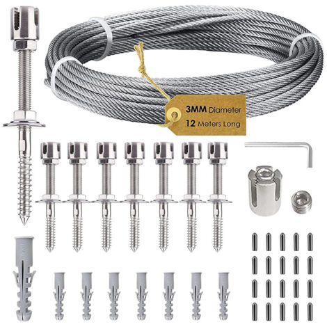 Kit de treillis métallique pour plantes grimpantes d'extérieur, avec câble en acier inoxydable de 3 mm x 12 m, pour projets de bricolage de clôture et de jardin.