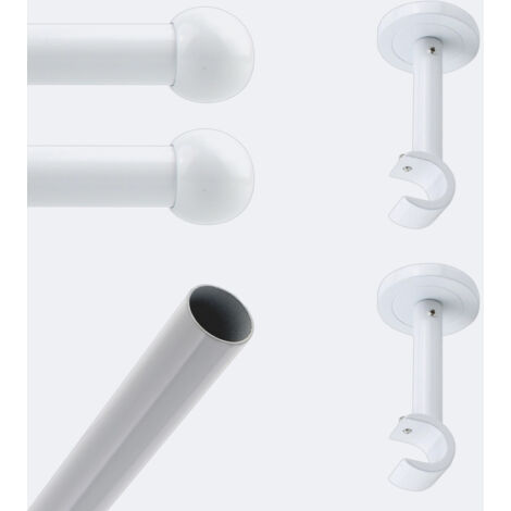 Kit de tringle à rideaux Blanc 150cm Diam.20mm Embout Boule - Fixation Mur - Boulet