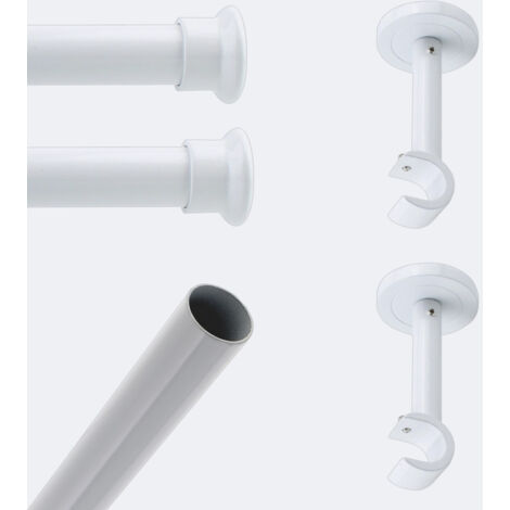 Kit de tringle à rideaux Blanc 200cm Diam.20mm Embout Chapeau - Fixation Mur - Boulet