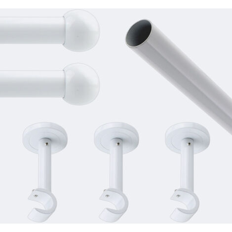 Kit de tringle à rideaux Blanc 250cm Diam.20mm Embout Boule - Fixation Mur - Boulet