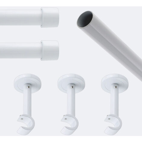 Kit de tringle à rideaux Blanc 250cm Diam.20mm Embout Capuchon - Fixation Mur - Boulet