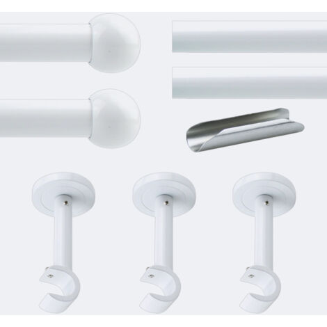 Kit de tringle à rideaux Blanc 300cm Diam.20mm Embout Boule - Fixation Mur - Boulet