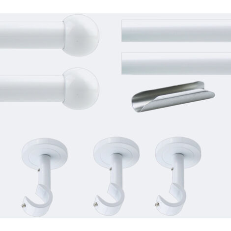 Kit de tringle à rideaux Blanc 300cm Diam.20mm Embout Boule - Fixation Plafond - Boulet